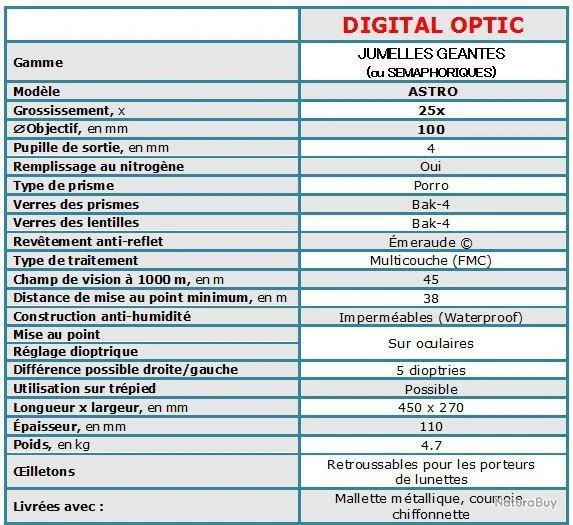 Jumelles Géantes 25x100 Waterproof - étanches à Prisme Porro ASTRO De DIGITAL OPTIC 5 Jumelles Géantes 25x100 Waterproof - étanches à Prisme Porro ASTRO De DIGITAL OPTIC – Image 3